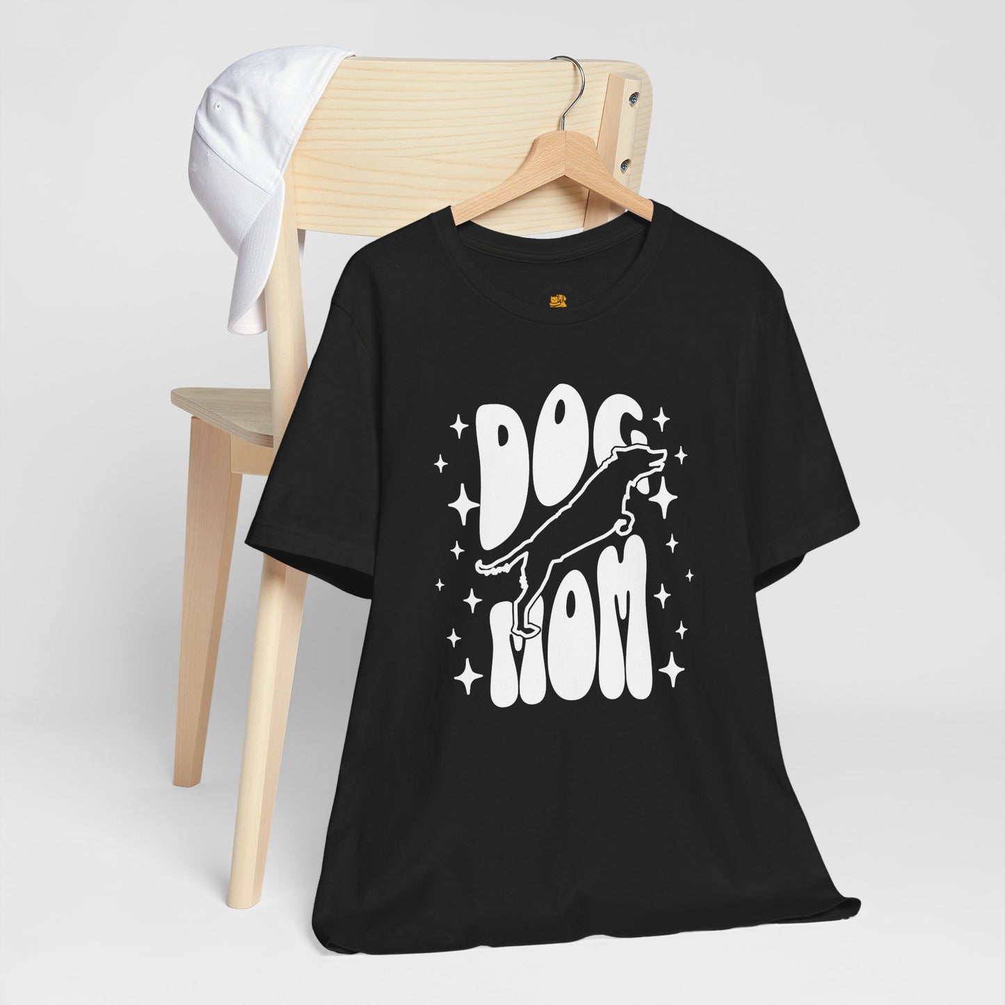 Dog Mom retro script leaping dog t-shirt design detail