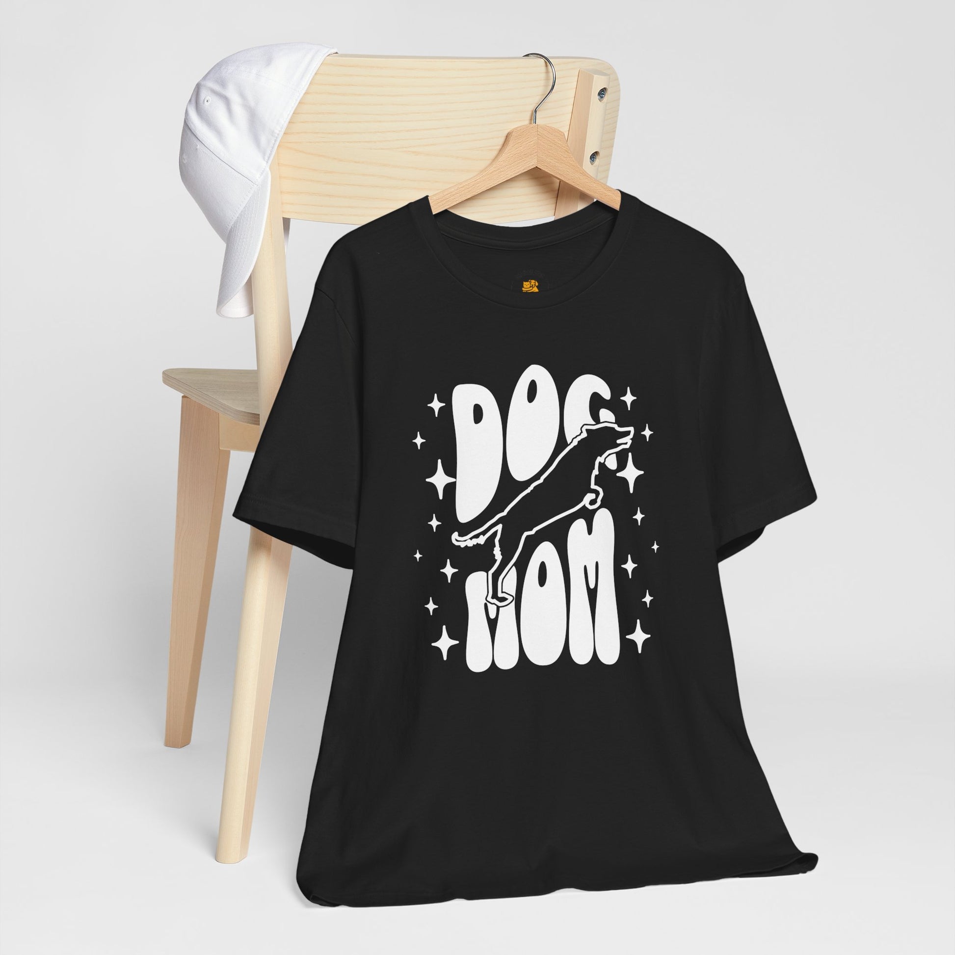 Dog Mom retro script leaping dog t-shirt design detail