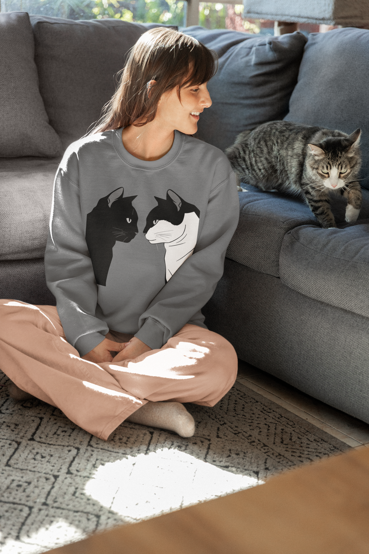 Cat couple crewneck sweatshirt military green cat lover