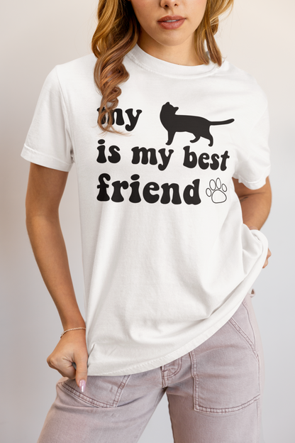 Woman wearing white My Cat Is My Best Friend t-shirt with whiskers quote design

