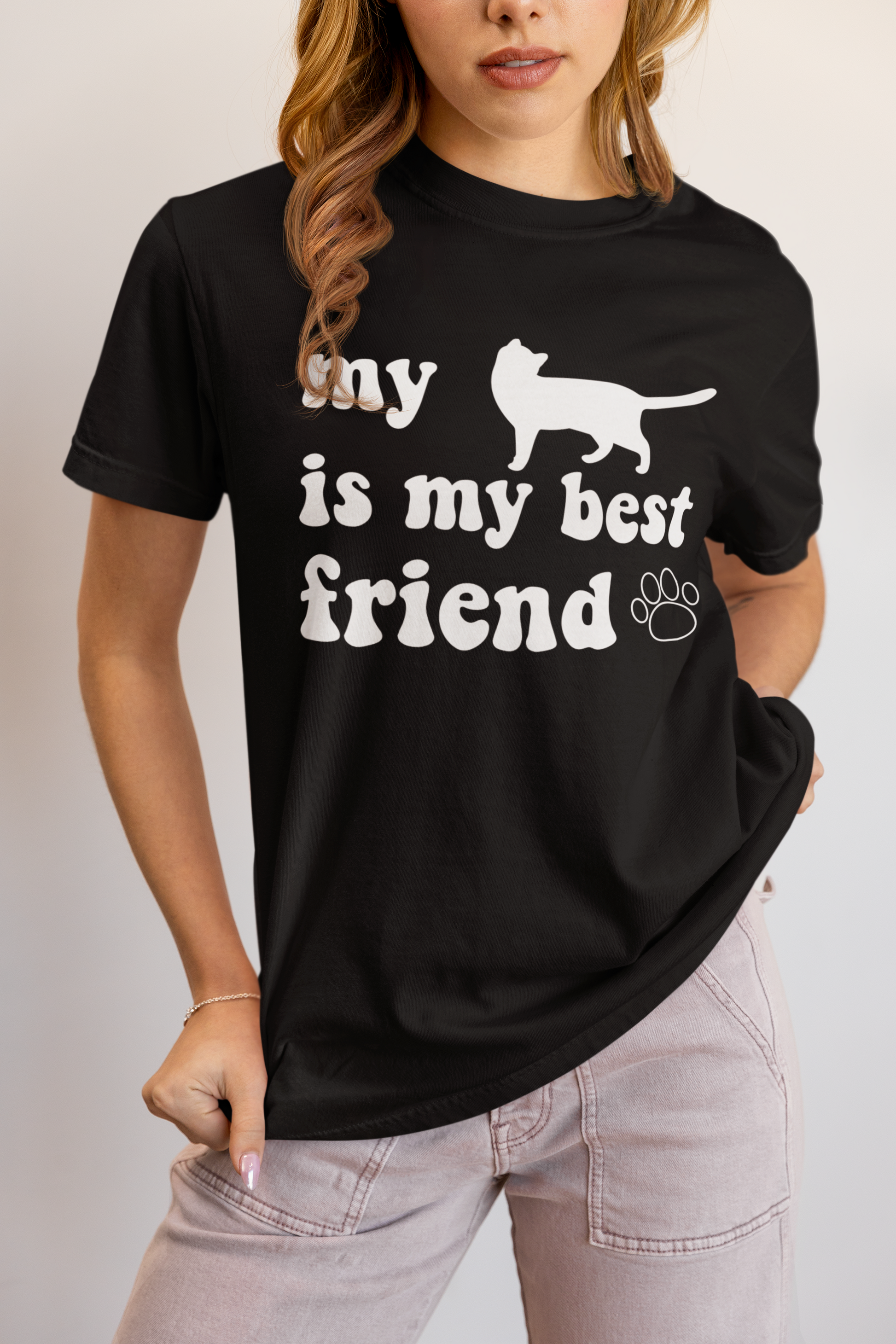 Woman wearing black My Cat Is My Best Friend t-shirt with whiskers quote design
