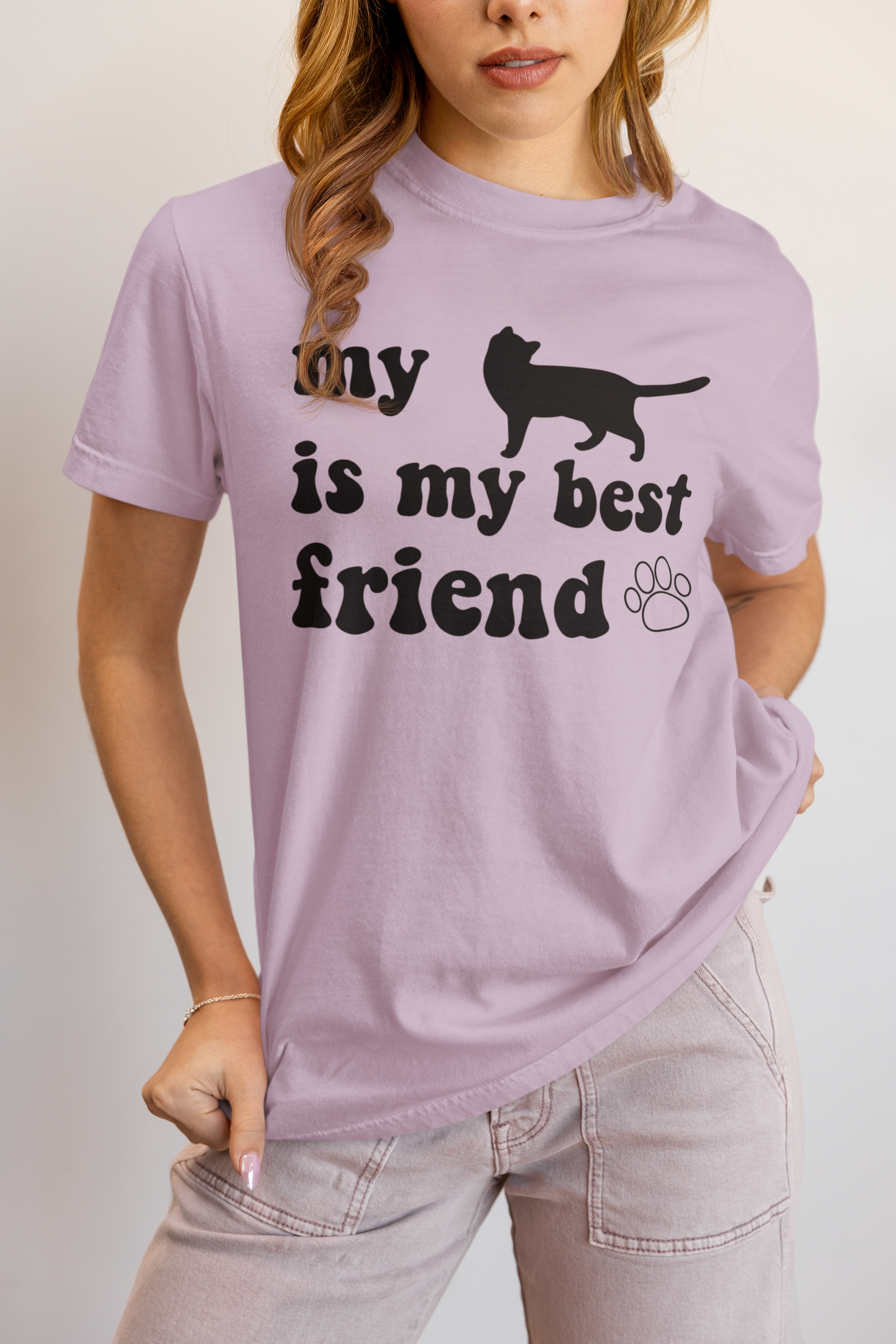 Woman wearing orchid purple My Cat Is My Best Friend t-shirt with whiskers quote design
