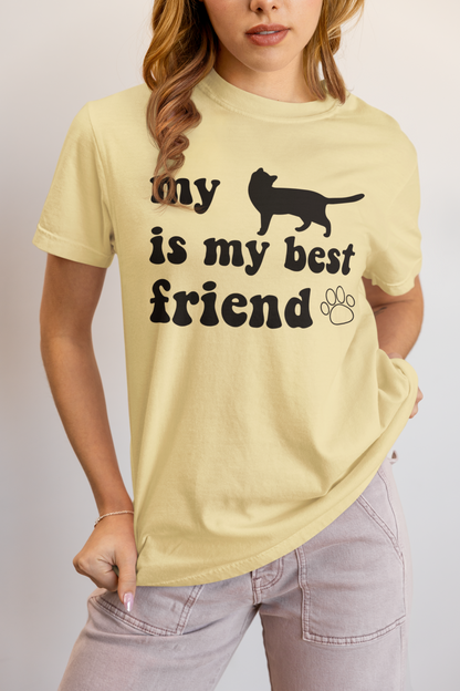Woman wearing butter yellow My Cat Is My Best Friend t-shirt with whiskers quote design
