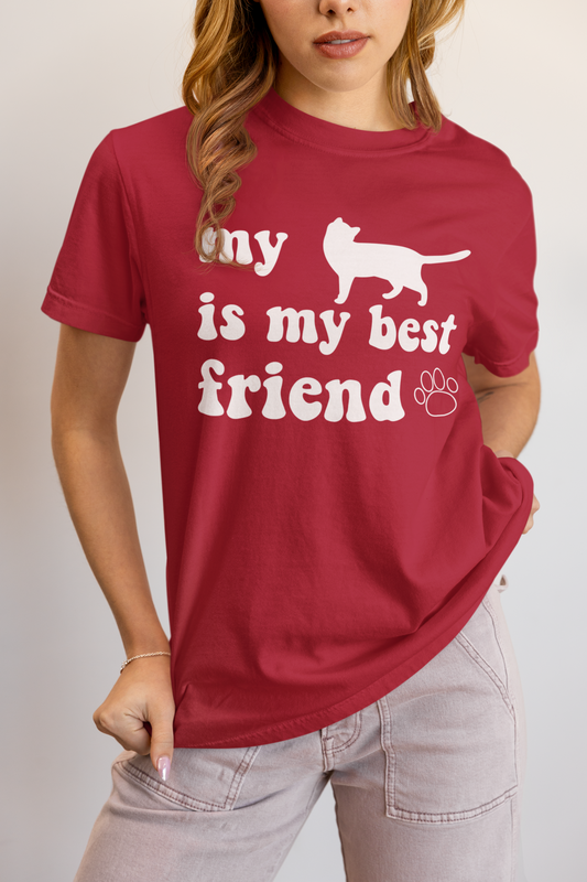 Woman wearing red My Cat Is My Best Friend t-shirt with whiskers quote design
