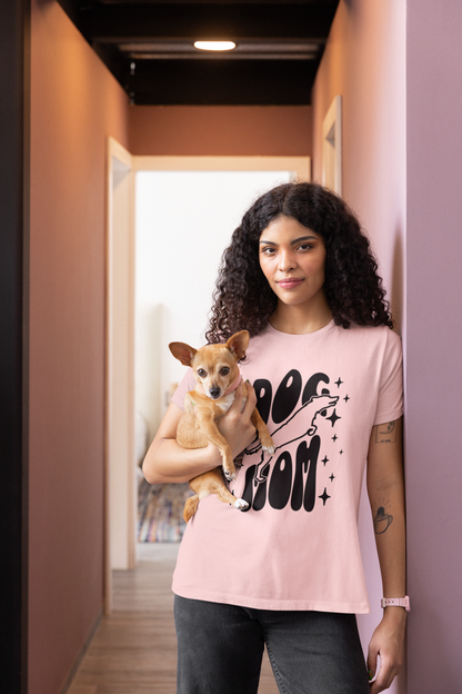 Dog Mom t-shirt pink retro script leaping dog design gift