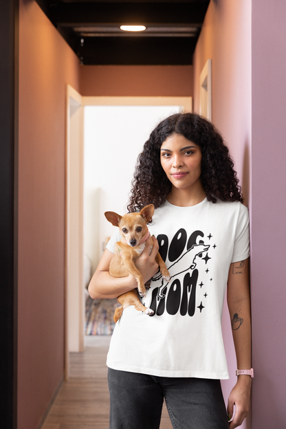 Dog Mom t-shirt white retro script leaping dog design gift
