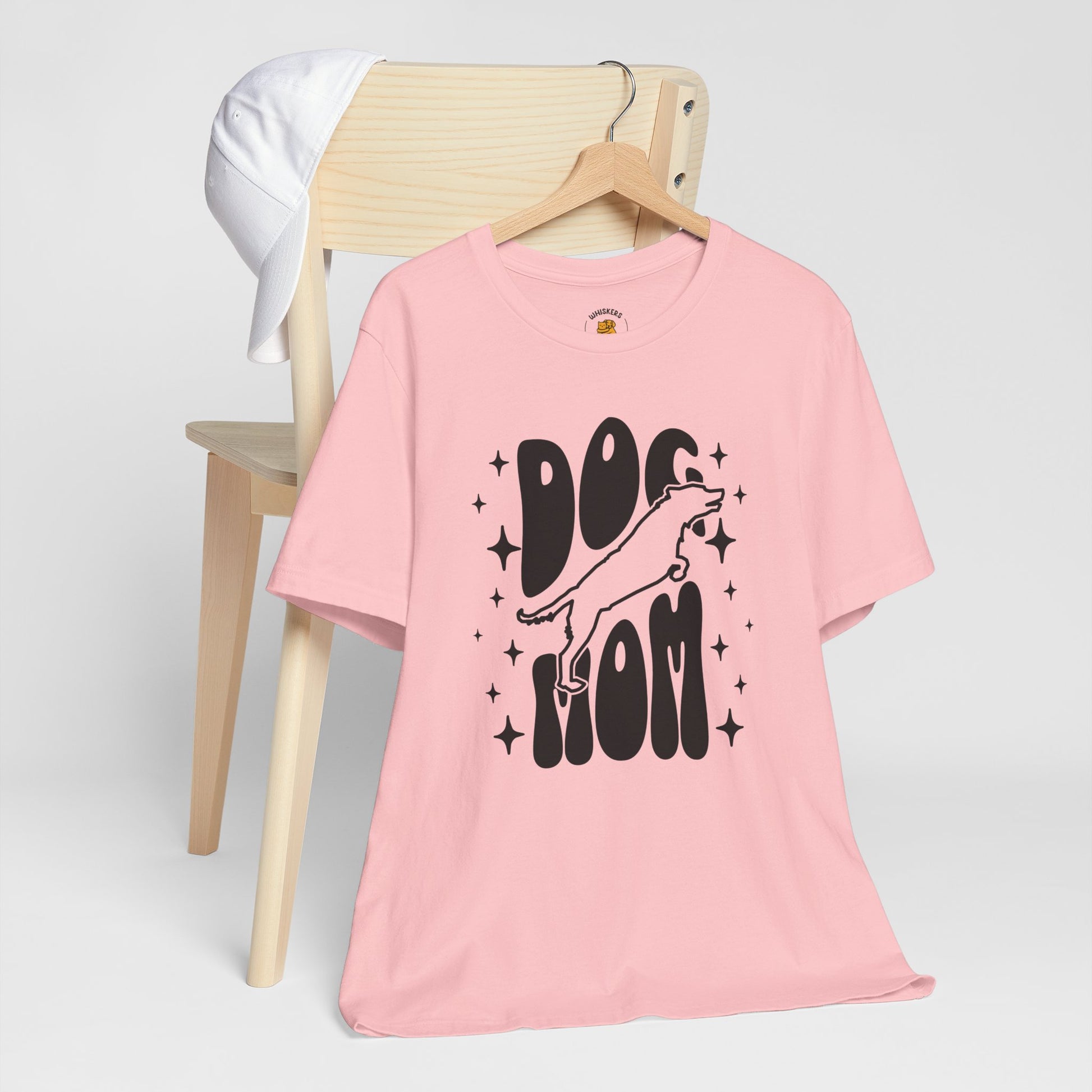 Dog Mom retro script leaping dog t-shirt design detail