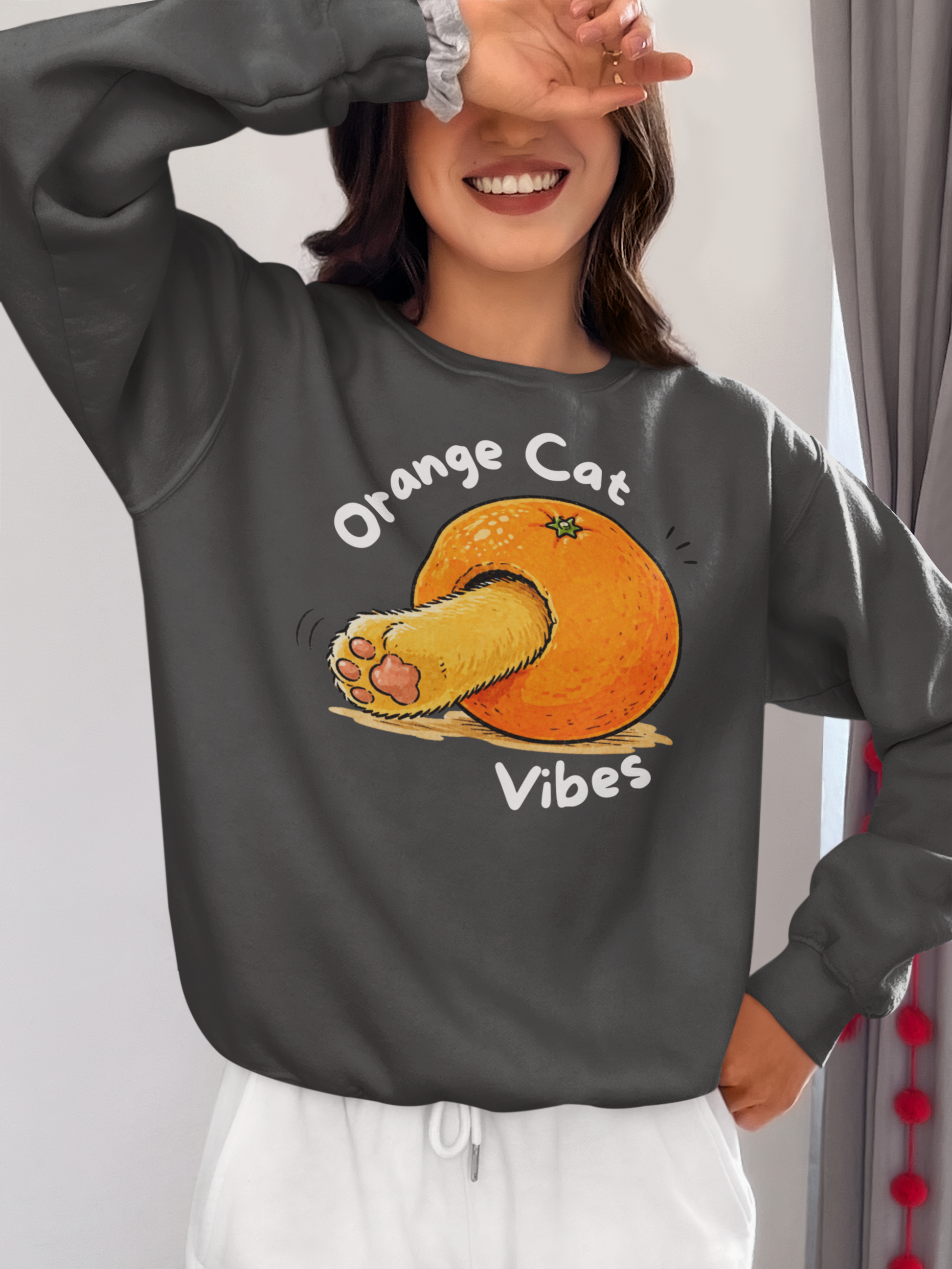 Orange Cat Vibes Sweatshirt in Dark Heather – cozy cat graphic crewneck | WhiskersMethod