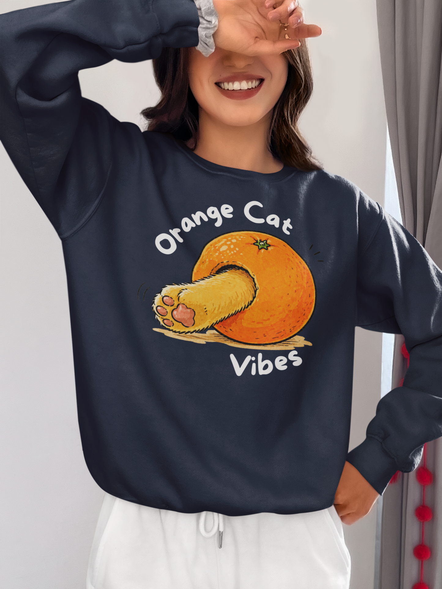 Orange Cat Vibes Sweatshirt in Navy – cozy cat graphic crewneck | WhiskersMethod