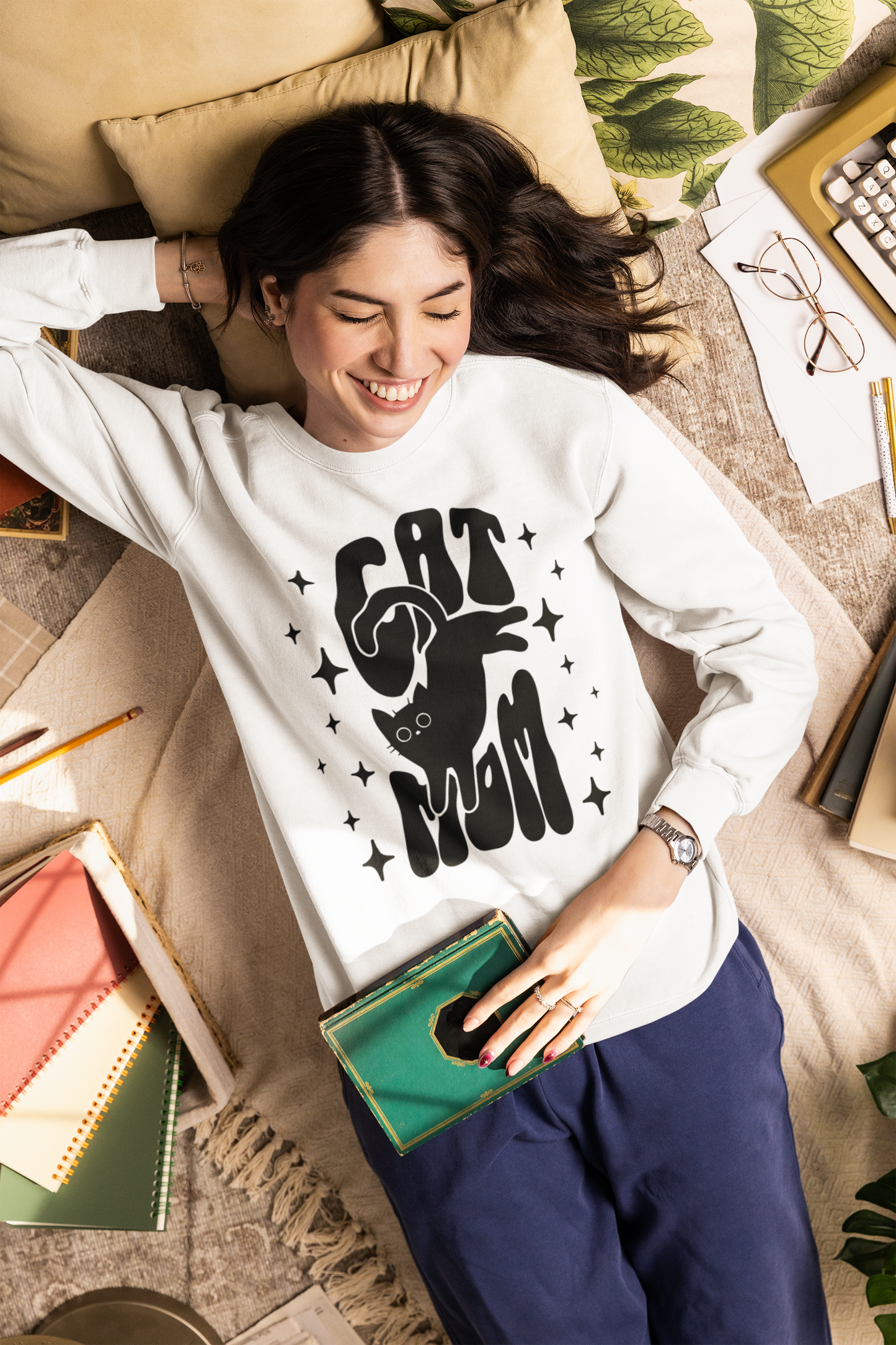 Cat Mom sweatshirt in White – retro black cat graphic garment-dyed Comfort Colors crewneck
