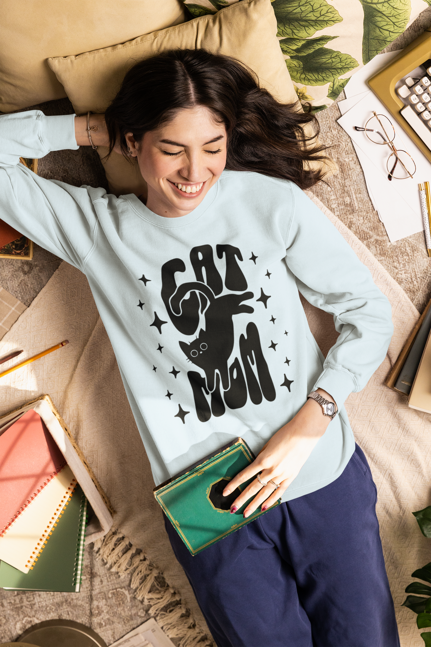 Cat Mom sweatshirt in Chambray – retro black cat graphic garment-dyed Comfort Colors crewneck
