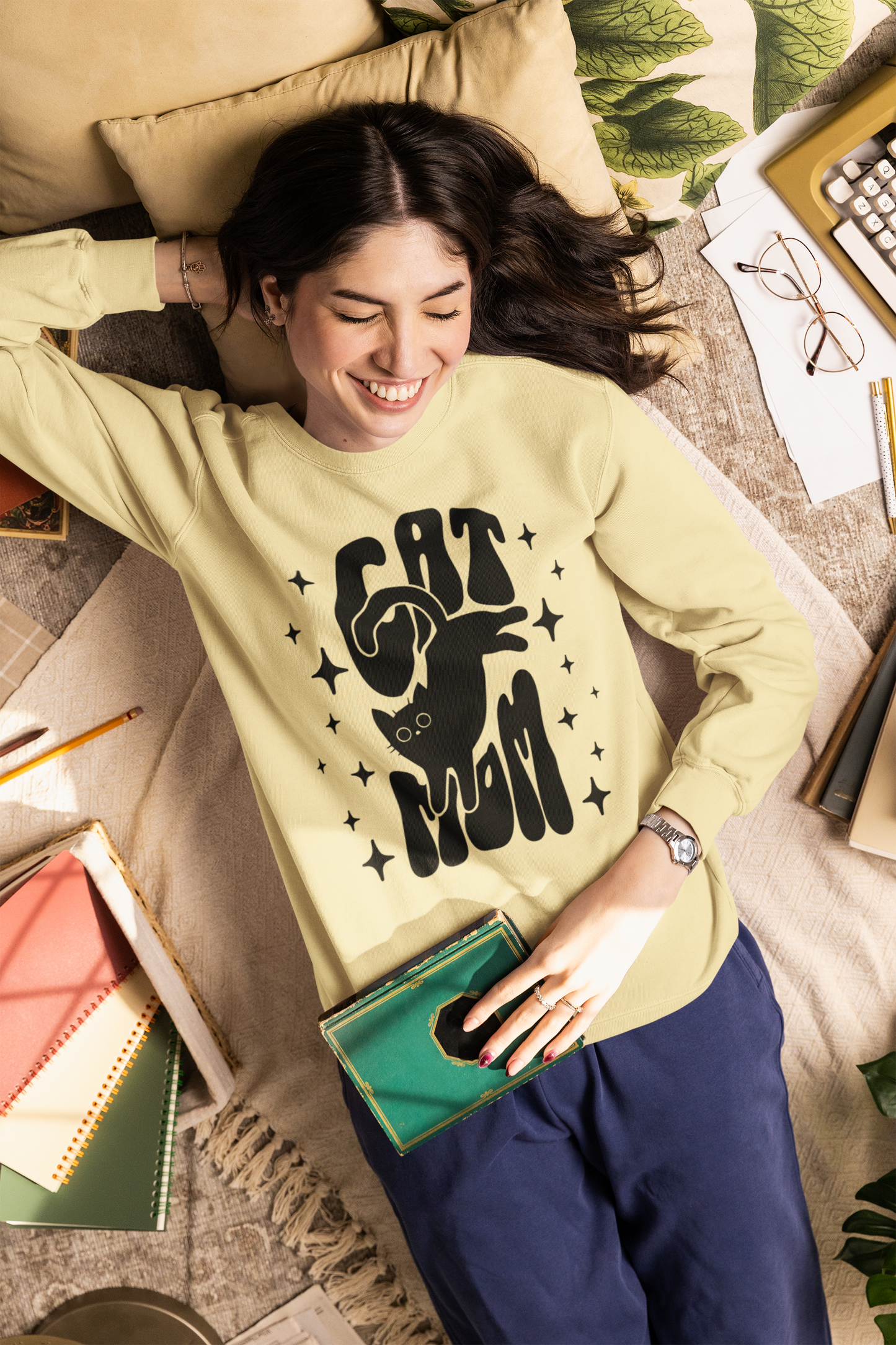 Cat Mom sweatshirt in Butter – retro black cat graphic garment-dyed Comfort Colors crewneck
