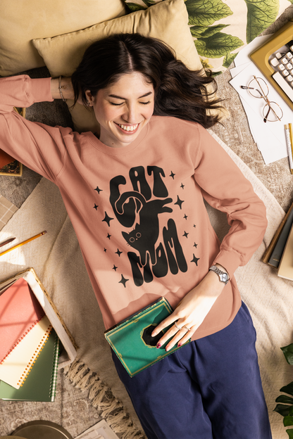 Cat Mom sweatshirt in Terracotta – retro black cat graphic garment-dyed Comfort Colors crewneck
