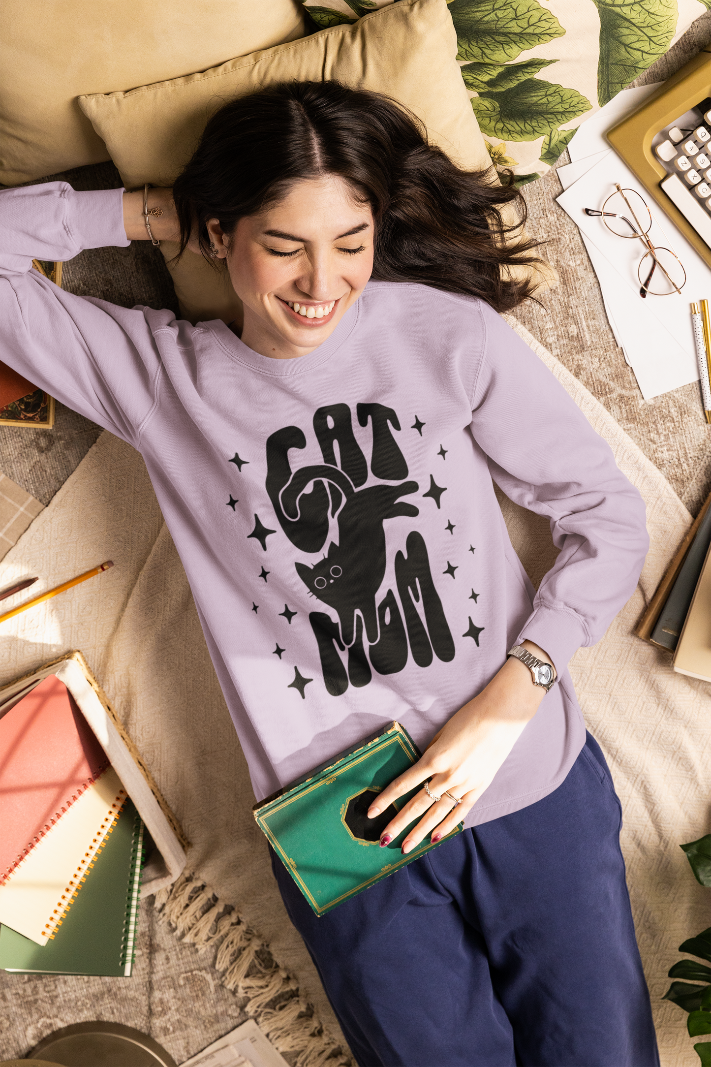 Cat Mom sweatshirt in Orchid – retro black cat graphic garment-dyed Comfort Colors crewneck
