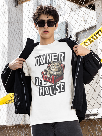 Man wearing Owner of the House Cat Dad T-Shirt – Funny garment-dyed cat lover tee | WhiskersMethod

