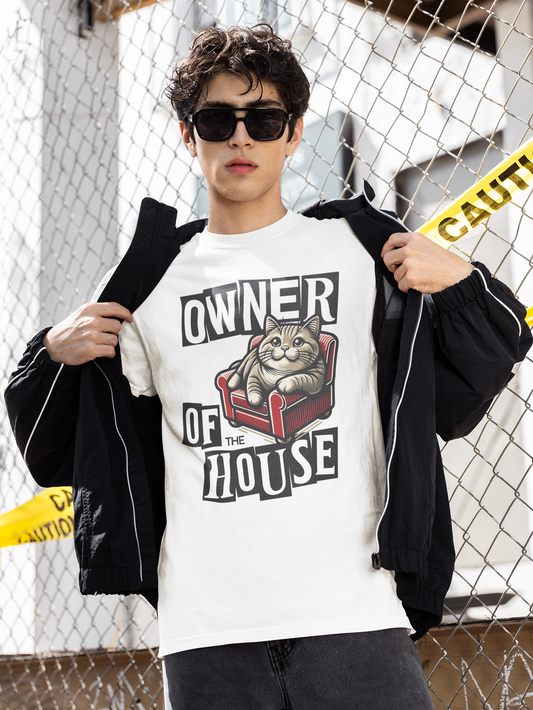 Man wearing Owner of the House Cat Dad T-Shirt – Funny garment-dyed cat lover tee | WhiskersMethod

