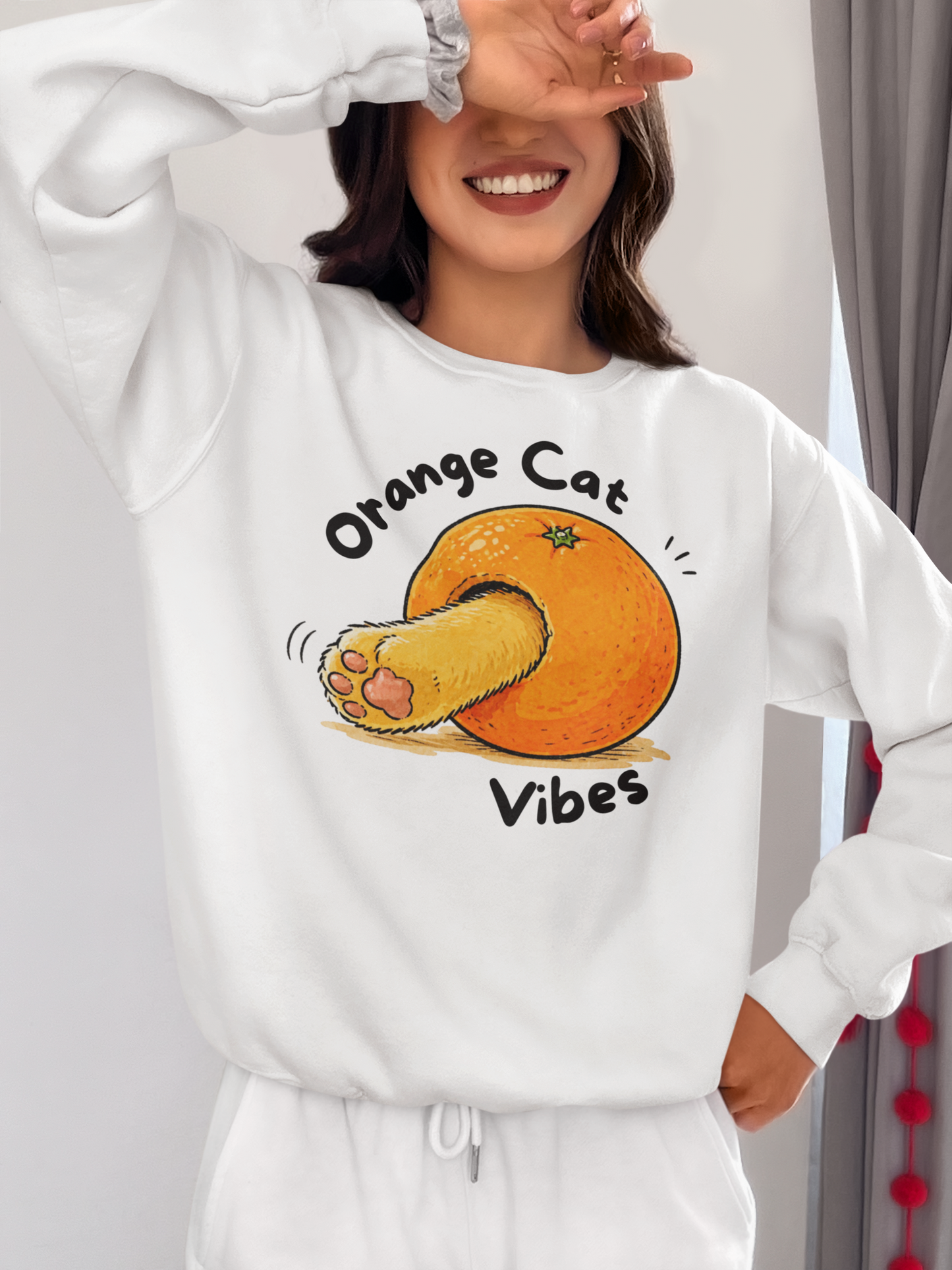 Orange Cat Vibes Sweatshirt in White – cozy cat graphic crewneck | WhiskersMethod
