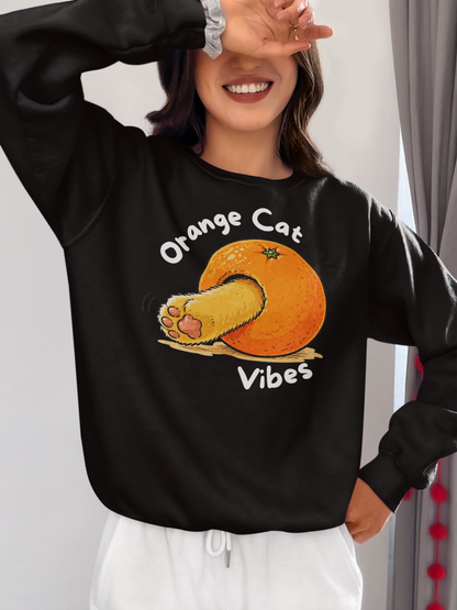 Orange Cat Vibes Sweatshirt in Black – cozy cat graphic crewneck | WhiskersMethod