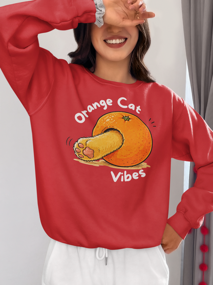 Orange Cat Vibes Sweatshirt in Red – cozy cat graphic crewneck | WhiskersMethod