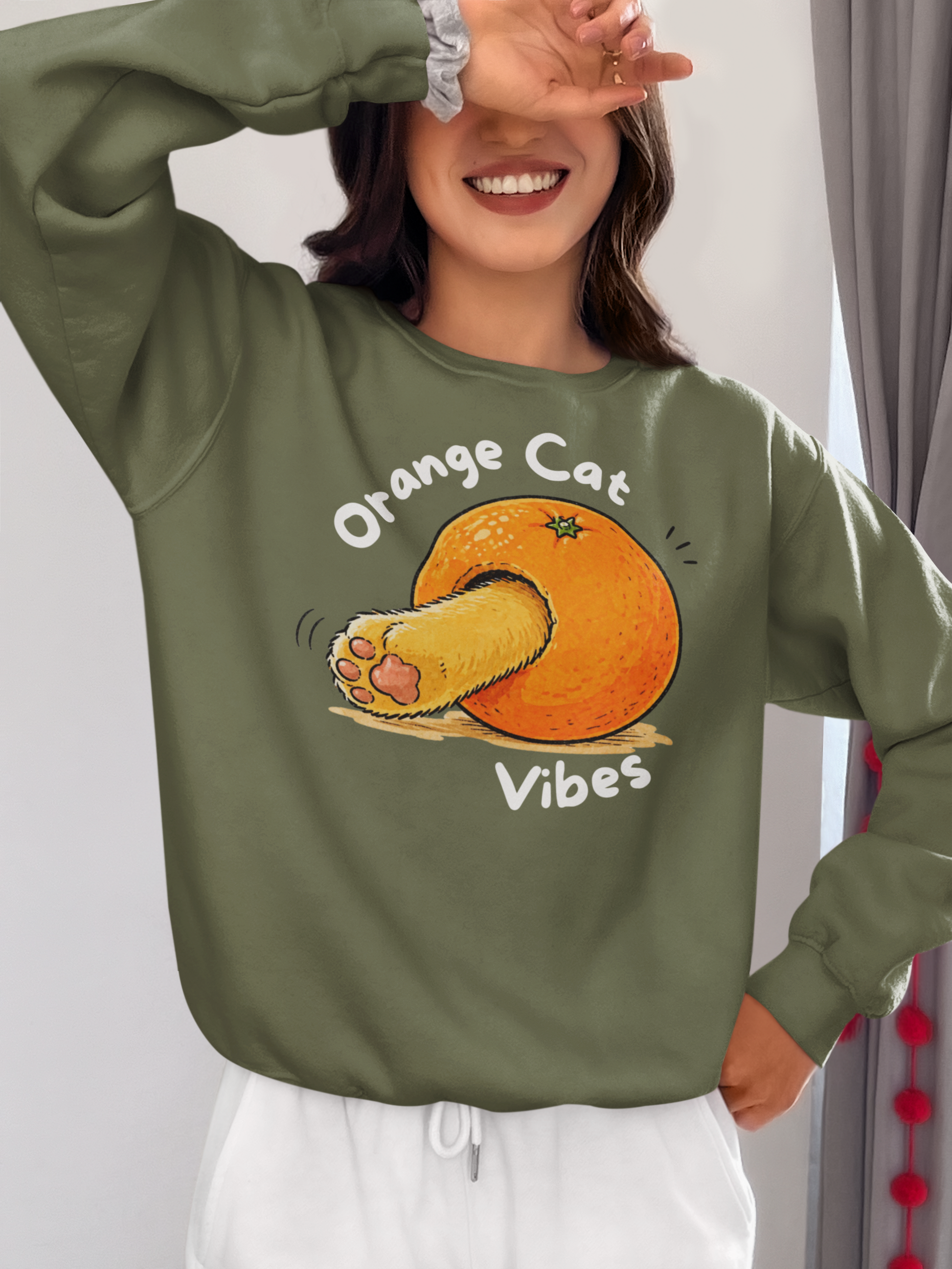 Orange Cat Vibes Sweatshirt in Military Green – cozy cat graphic crewneck | WhiskersMethod