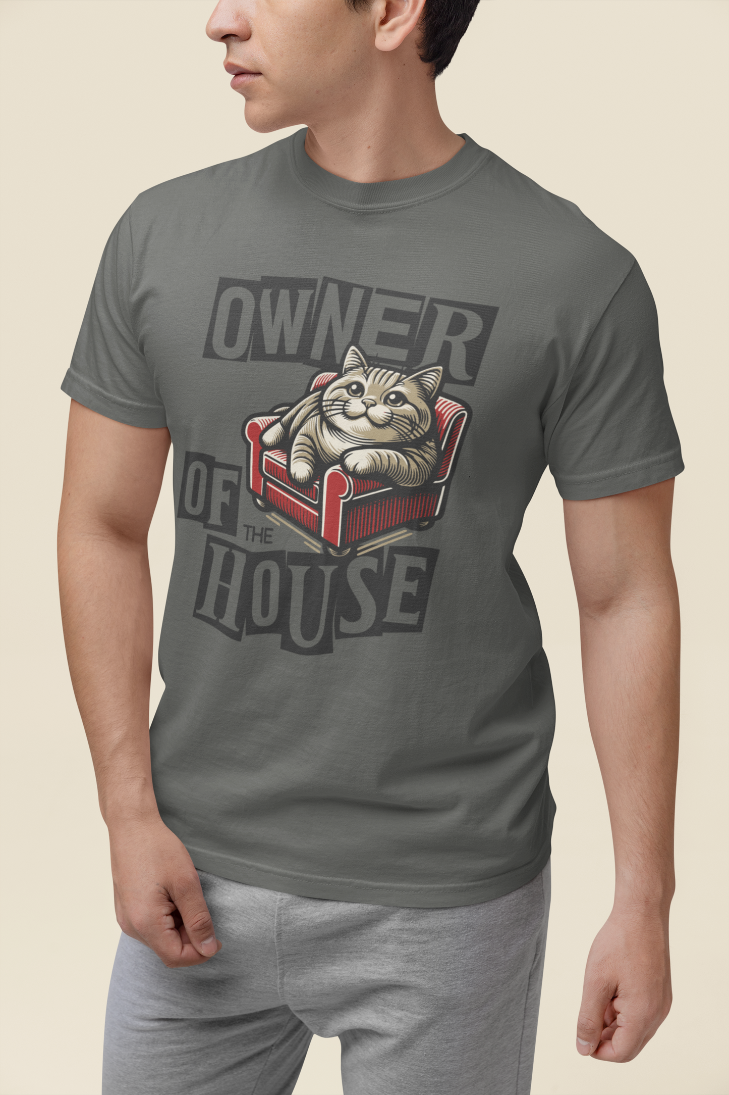 Owner of the House Cat T-Shirt in Pepper – Funny Cat Dad Garment-Dyed Tee | WhiskersMethod

