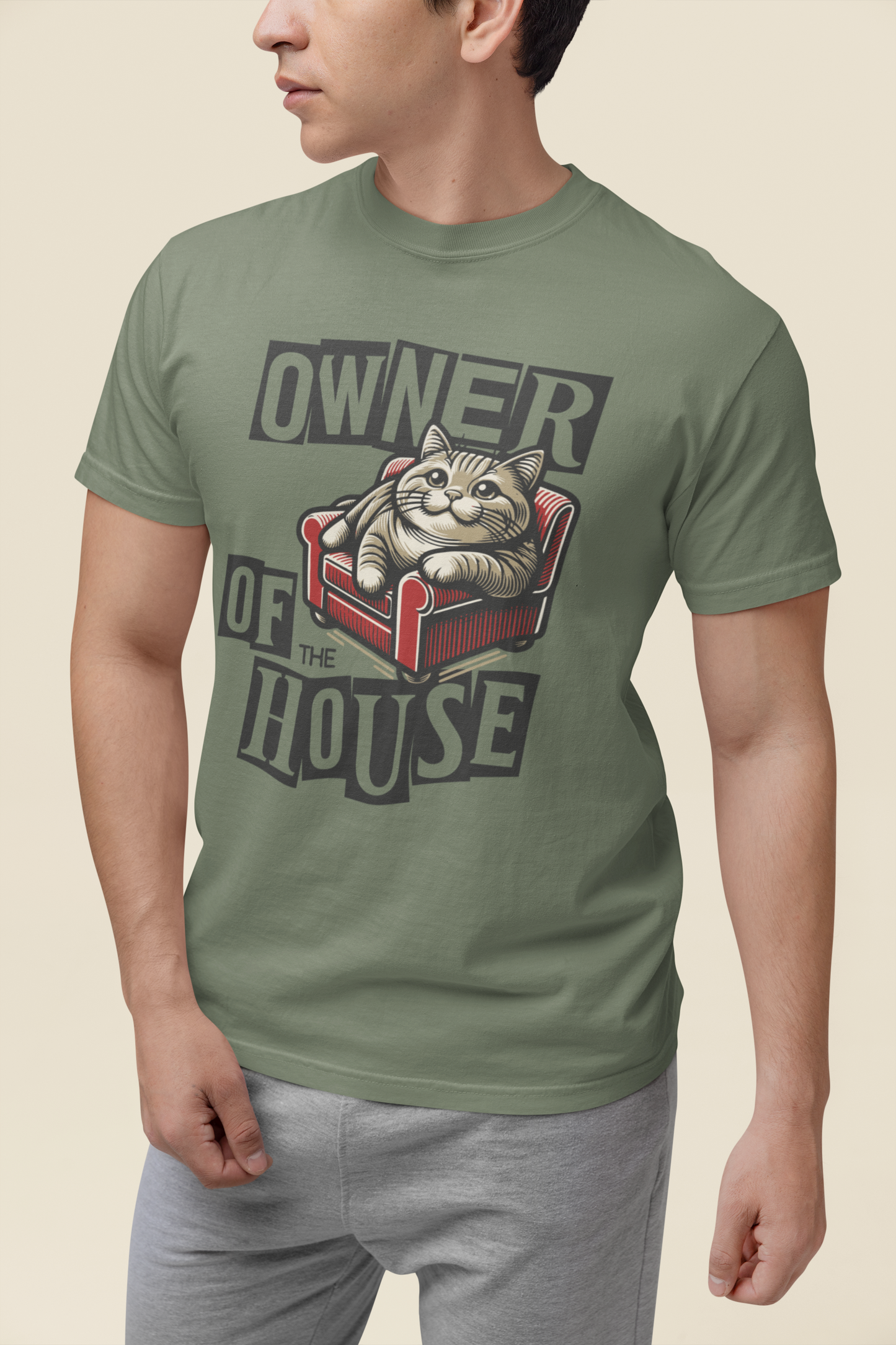 Owner of the House Cat T-Shirt in Moss – Funny Cat Dad Garment-Dyed Tee | WhiskersMethod

