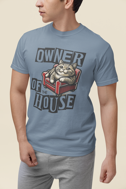 Owner of the House Cat T-Shirt in Blue Jean – Funny Cat Dad Garment-Dyed Tee | WhiskersMethod

